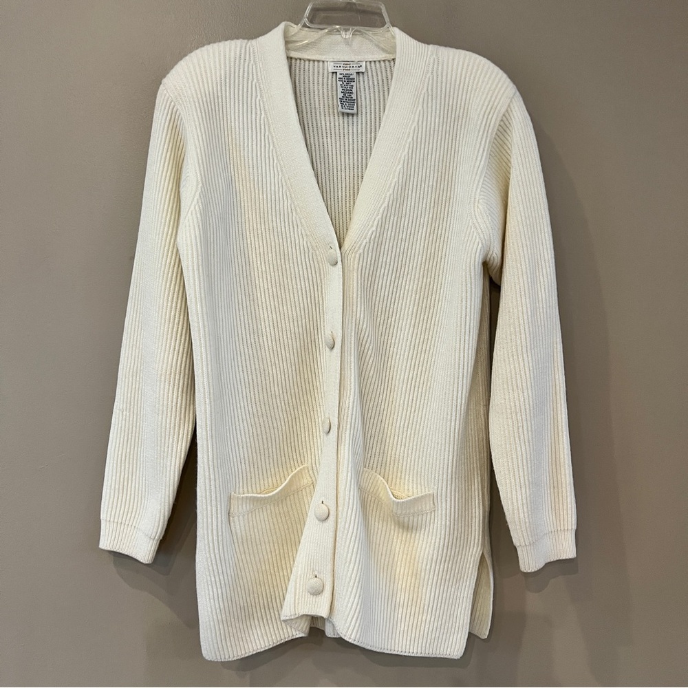 Vintage Yarnworks Long Chunky Ribbed Cardigan Sz M Ivory Tunic Sweater Side Slit